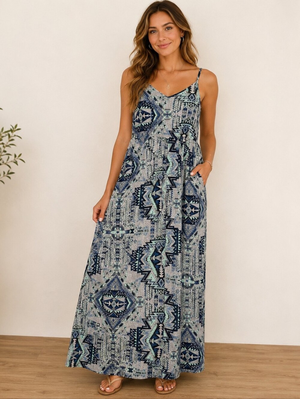 A-154 Madeleine Collection Blue Geometric Print Maxi Dress Size M